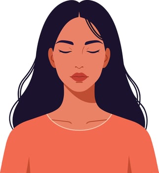 Woman with long dark hair wearing a coral shirt, eyes closed in peaceful meditation, flat illustration expressing tranquility and mindfulness vector