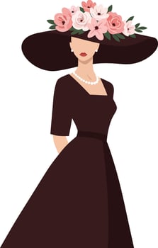 Elegant woman in a black dress wearing a large floral hat in a minimal style illustration vector