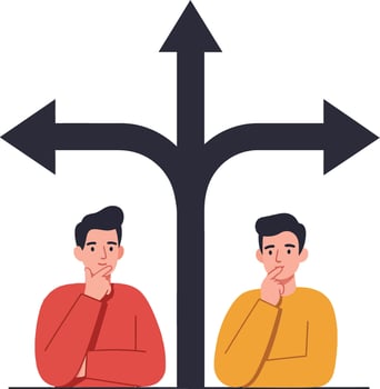 Two thoughtful men pondering decisions at a crossroads with directional arrows in a minimal flat design illustration vector