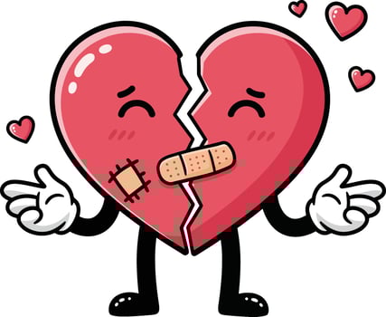 A cute cartoon heart character with arms and a bandage, expressing love and empathy in a flat illustration style, surrounded by smaller hearts in a cheerful scene art vector