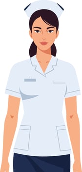 Confident female nurse in a professional uniform with a cap, showcasing a minimal design style, exuding warmth and dedication in illustration vector