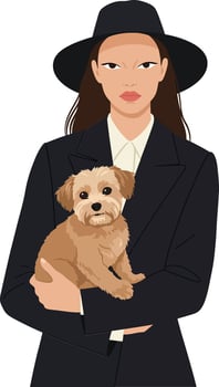 A stylish woman holding a small dog while wearing a black hat and chic outfit in minimal illustration vector