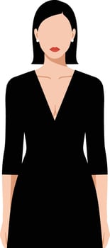 Elegant woman in a sleek black dress with short sleeves showcasing minimalistic flat design art vector