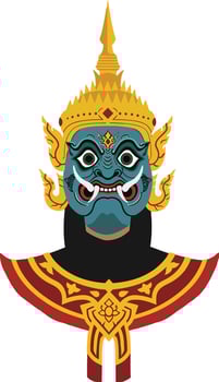 Majestic traditional Thai demon mask with intricate gold crown and blue face in detailed flat art vector