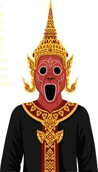 Traditional Thai performer wearing a detailed mask and ornate costume in flat art showcasing cultural heritage and theatrical expression vector