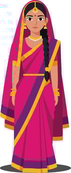 Woman in a vibrant pink saree with intricate patterns, showcasing detailed flat art, standing confidently with a serene expression, embodying cultural elegance in illustration vector