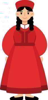 Traditional woman in vibrant red dress and matching headpiece, showcasing cultural heritage in a flat illustration vector