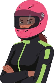 Confident woman wearing a pink racing helmet and black jumpsuit, showcasing her determination and strength in a flat illustration vector