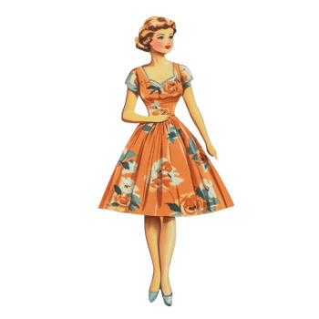 Vintage paper doll in a vintage floral dress showcasing classic design elements from a bygone era, Featuring a vintage 1950s paper doll presented on a transparent background png