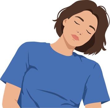 Young woman with short hair wearing a blue t-shirt, appearing relaxed and contemplative in a minimal flat illustration vector