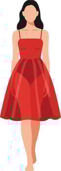 Woman walking confidently in a vibrant red dress with a playful, minimal style showcasing elegance and grace in art vector