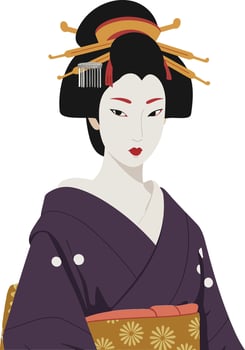Elegant Japanese woman in traditional kimono with intricate hairstyle, showcasing detailed flat design in vibrant colors, illustration vector