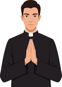 A young priest in a black cassock with hands clasped together, showcasing a serene expression in a minimal illustration vector