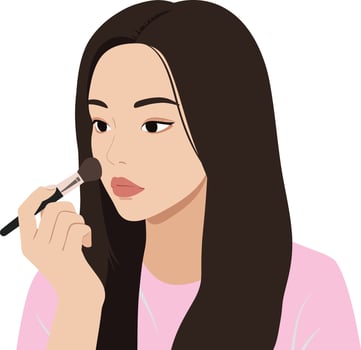 Young woman applying makeup with a brush in a flat, minimal style showcasing beauty and self-care illustration vector