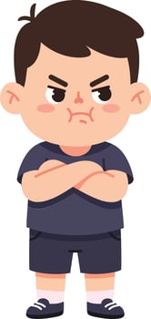 A young boy with an angry expression standing confidently with arms crossed in a minimal flat illustration style showcasing determination and frustration in a playful ambiance art vector