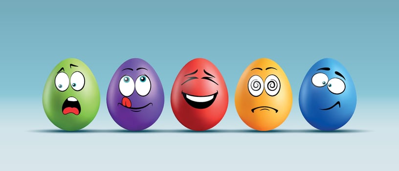Color eggs with funny faces on gradient background. Funny, laughing, smiling, sad, frightened, playful, shocked, cute emotions, cartoon smile. Set of eggs emoji. Happy Easter holiday illustration. vector