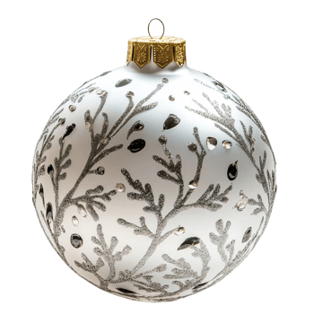 Elegant Christmas glass ball ornament with silver foliage design isolated on a transparent background for festive decorations and celebrations, Christmas glass ball isolated on a transparent png