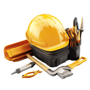 Construction tools and safety helmet arranged on a workbench for a construction project during the day, Construction tools with safety helmet png