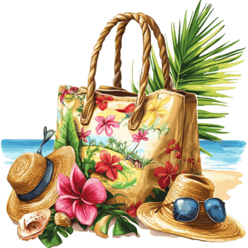 A vibrant beach bag with accessories surrounded by tropical elements on a sunny shoreline, file no background Beach bag with accessories and tropical beach png