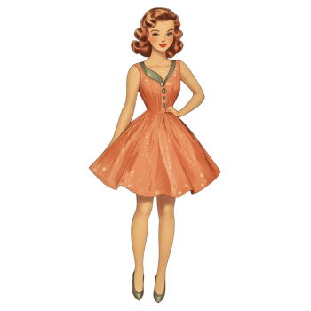Charming vintage paper doll dressed in a 1950s style orange dress, perfect for imaginative play , This vintage paper doll exudes the charm of the 1950s era transparent or transparent background png