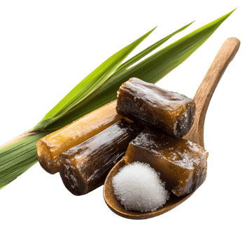 Sugarcane hard molasses and jaggery served in a rustic wooden spoon with fresh sugar and green leaves, Sugarcane Hard Molasses or Jaggery and sugar in spoon on transparent background png
