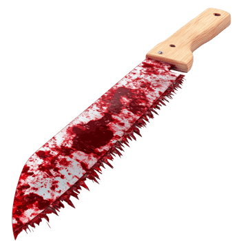 A bloody saw with a wooden handle isolated on a transparent background highlighting its sharp teeth, bloody saw isolated on transparent background png