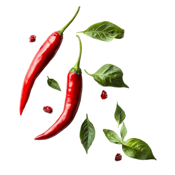 Vibrant red chili peppers and fresh green leaves arranged on a transparent background creating a striking culinary composition, chili with leaf on transparent background png