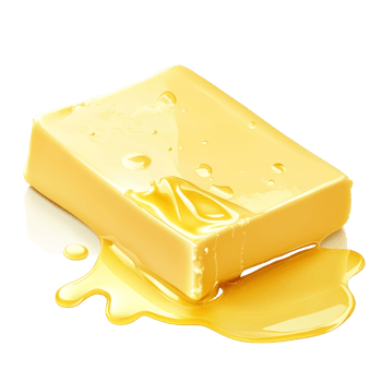 Melting butter drizzles on a smooth transparent surface with a reflective sheen in bright lighting, A piece of melting butter isolated png