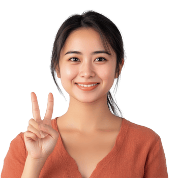 Happy Asian woman makes a peace sign with her hand in a bright and cheerful indoor setting, Portrait happy Asian woman shows ok hand sign and looking at the camera transparent background png