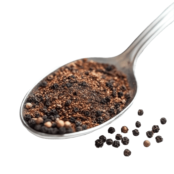 Freshly ground pepper powder piled high in a stainless steel spoon on a bright transparent background, pepper powder spice in stainless steel spoon on transparent background png