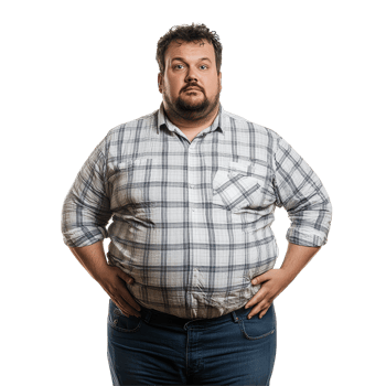 Portrait of an overweight man standing confidently with hands on hips against a plain transparent background, Overweight Man Portrait Isolated on transparent background png