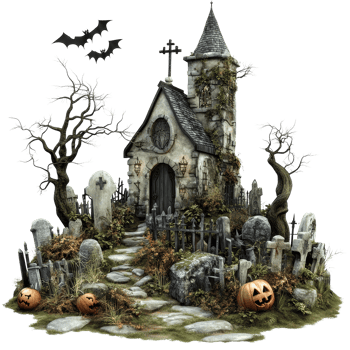 Haunted cemetery with eerie gravestones, a spooky church, and Halloween decorations under a full moon, Spooky Halloween Graveyard Haunted Cemetery Scene Isolated on transparent background png