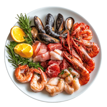 A colorful seafood and meat platter arranged with fresh herbs and citrus on a transparent dish, Dish containing both seafood and meat top view isolated on transparent background png