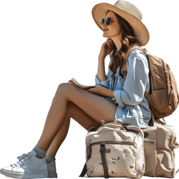 Traveler woman sitting on the ground with backpacks, reflecting on her journey in a tranquil outdoor setting, file no background Traveler woman sitting and taking a break png