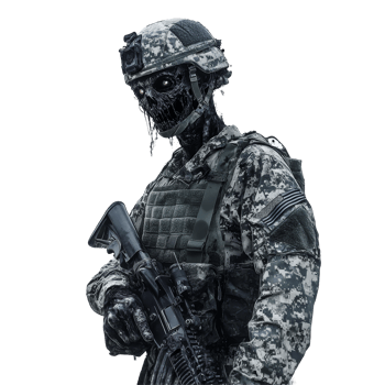 A military zombie stands in a static pose, holding a weapon against a stark transparent background, Military zombie on transparent background png