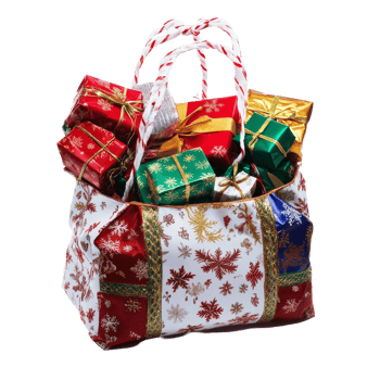 Colorful shopping bag filled with holiday gifts wrapped in vibrant paper and ribbons, celebrating festive cheer, Shopping bag full of gifts isolated png