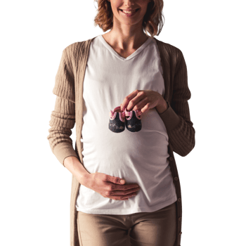 pregnant woman with white shirt holding baby shoes with transparent background png