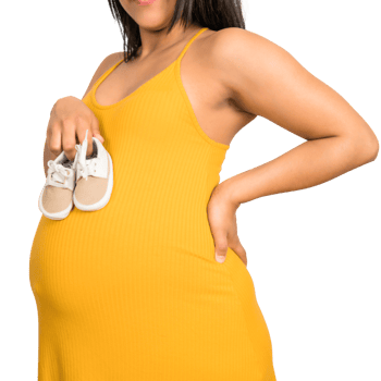 pregnant woman using yellow dress with baby shoes with transparent background png
