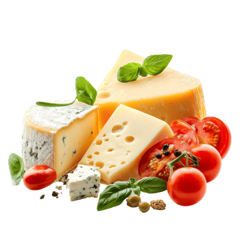 A colorful assortment of delicious cheeses with fresh basil and ripe tomatoes on a transparent background, Delicious cheese on transparent background png