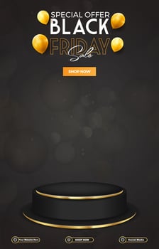 special offer black friday sale discount portait template banner with blank space 3d podium for social media post product sale with gradient black background design vector