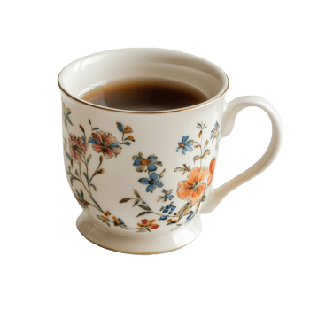 Vintage floral coffee cup filled with dark coffee on a plain transparent background showcasing its intricate design, Vintage floral coffee cup on a transparent background png