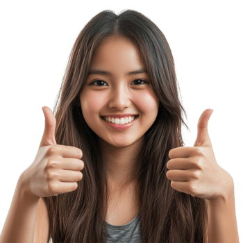 Happy Asian girl smiling and giving thumbs up, celebrating a joyful moment against a bright background, Happy beautiful Asian girl thumbs up and smiling isolated on transparent background png