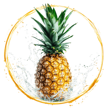 A vibrant pineapple surrounded by a refreshing water splash in a circular formation against a transparent background, Pineapple with water splash in circle shape isolated png
