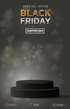 special offer black friday sale discount portait template banner with blank space 3d podium for social media feed product sale with abstract gradient grey background design vector