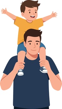 A joyful father carrying his excited son on his shoulders in a flat, colorful illustration depicting playful bonding and happiness vector