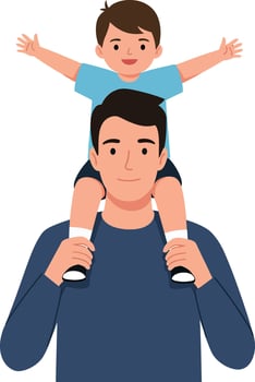 Father carrying son on shoulders in cheerful moment, flat style illustration showcasing joy and connection between parent and child vector
