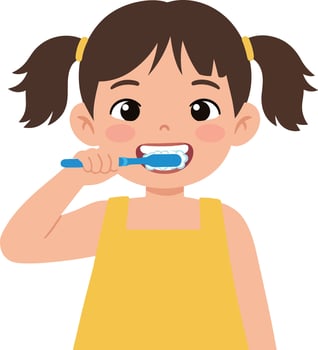 Young girl with brown hair in pigtails brushing her teeth wearing a yellow sleeveless top in flat art vector