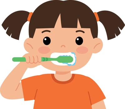 Young girl brushing her teeth in a bright orange shirt with a green toothbrush in a flat illustration vector