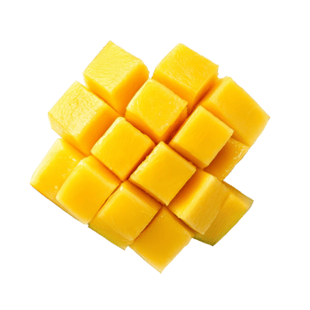 Fresh mango slices cut into cubes isolated on a transparent background showcasing vibrant colors and juicy texture, Mango slice cut to cubes closeup isolated on transparent background png