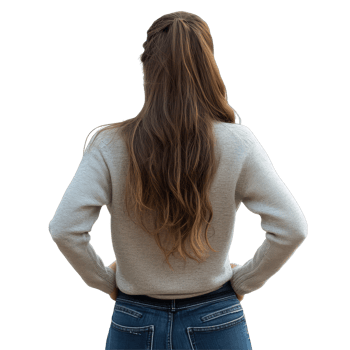 Young woman with long hair stands confidently, hands on hips, in a casual sweater and jeans, Young woman standing back view file no background png